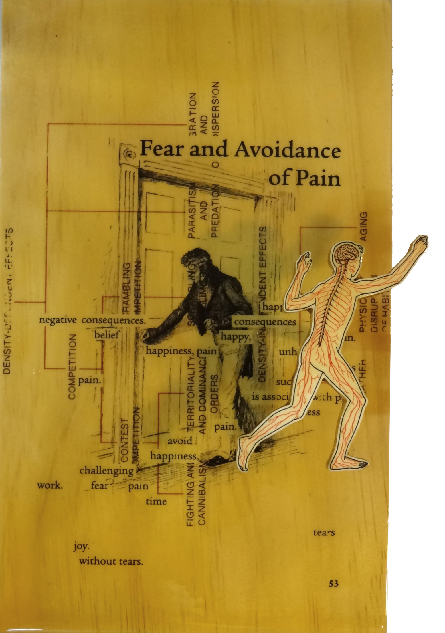 Illustration of a person running, with anatomical details visible, overlaid on a background of architectural sketches and text reading "Fear and Avoidance of Pain."