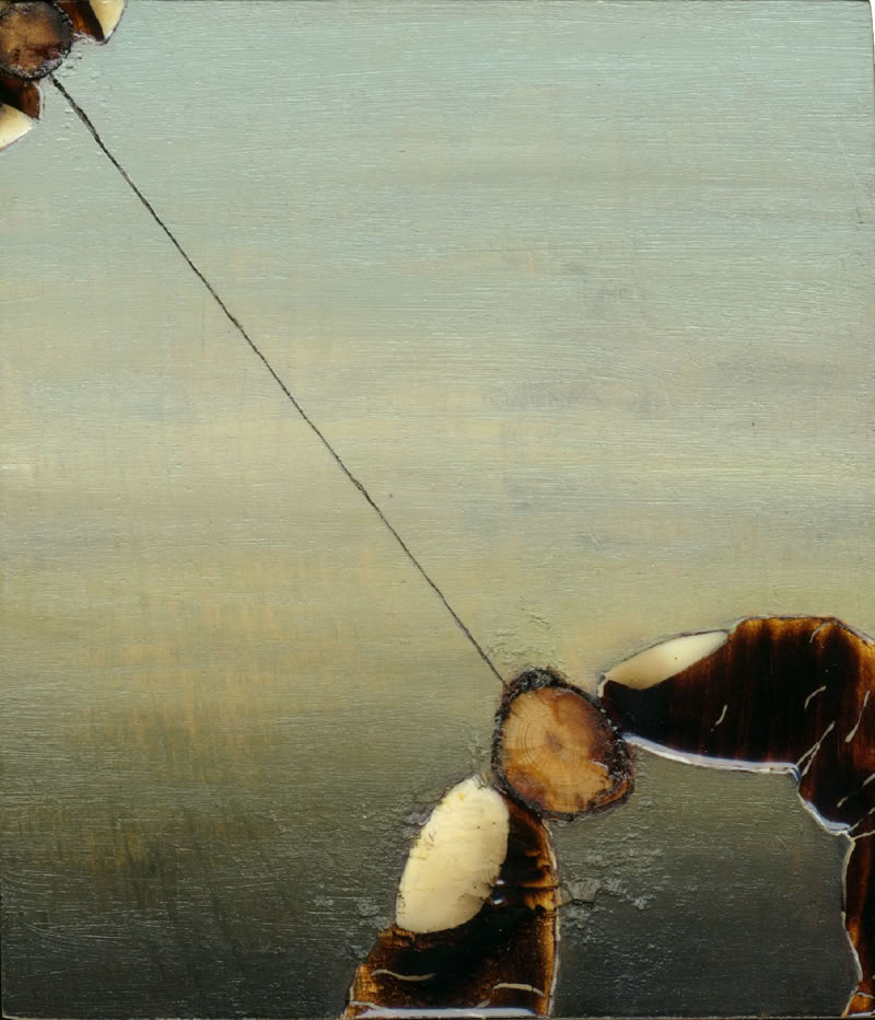 Abstract painting with brown and white shapes connected by a thin line against a muted background.
