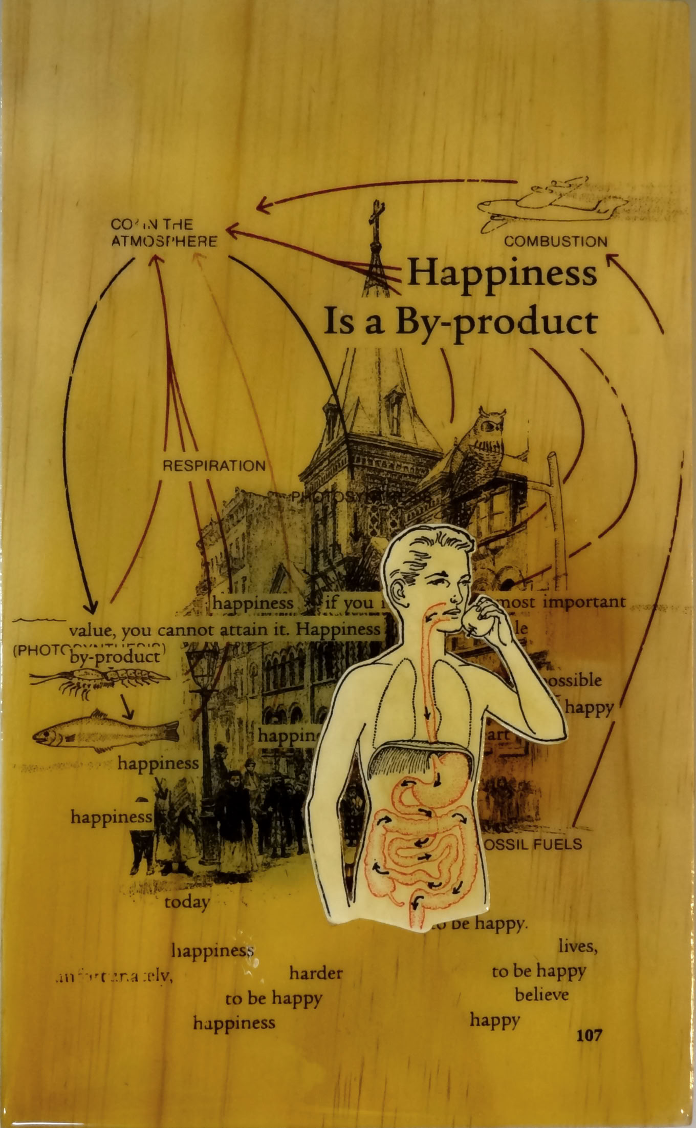 Illustration of a person drinking with a vintage building in the background, surrounded by labeled arrows and the text "Happiness Is a By-product" on a wooden texture.